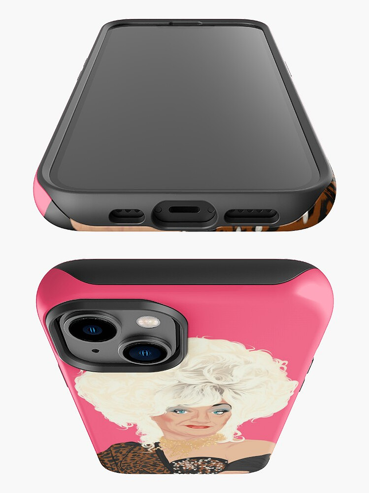 Drag Queen Lily Savage iPhone case with pink background. Art by Ryan Hodge illustration. Tough case, shock absorbent, damage resistant. Snap Case