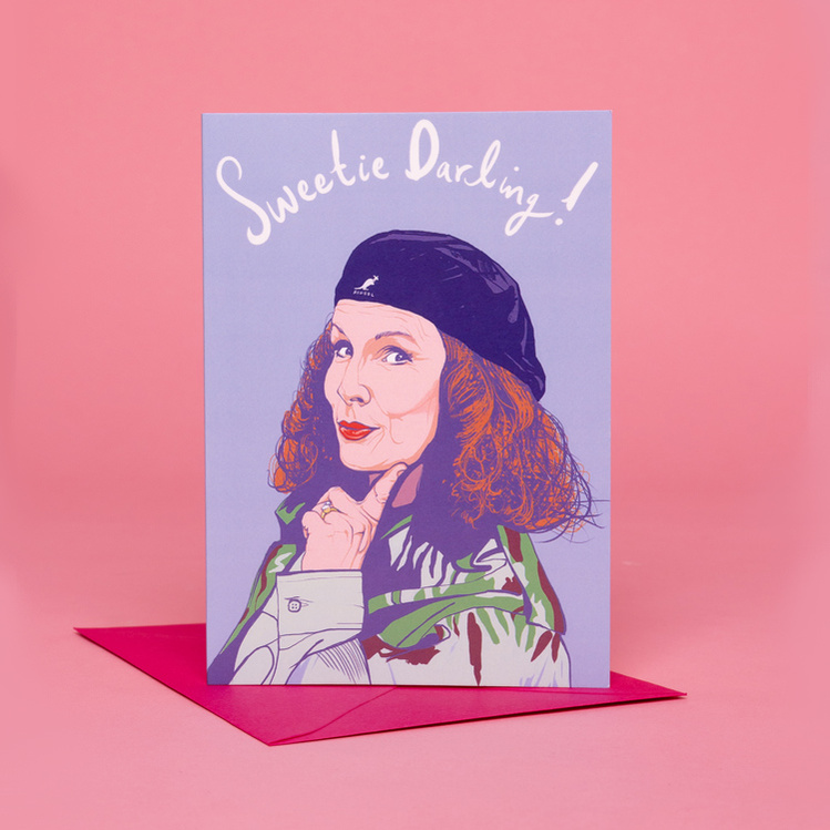 Absolutely Fabulous Greeting Card featuring Edina Monsoon played by Jennifer Saunders and her catchphrase "Sweetie Darling". With fuchsia coloured envelope. 