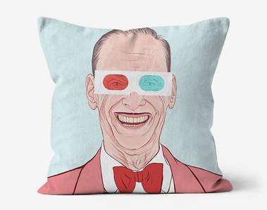 Faux suede throw cushion featuring a portrait of John Waters wearing 3D glasses by Ryan Hodge illustration.  Available in various sizes.  