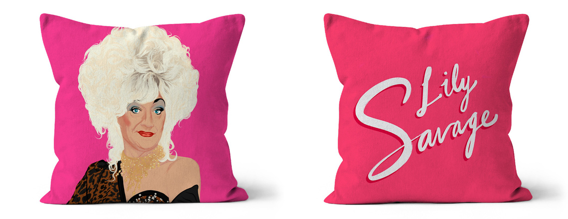 Faux suede cushion featuring Lily Savage (Lilian Maeve Veronica Savage), aka Paul  O'Grady. Art by Ryan Hodge illustration. 
Available in multiple sizes.   Bright pink background, the reverse features handwritten text. 