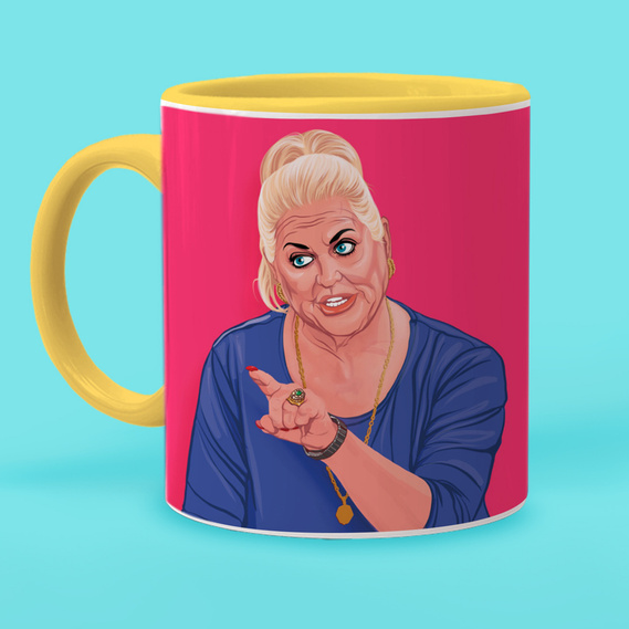 Kim Woodburn mug featuring an illustration by Ryan Hodge illustration. funny rude humour, gay icon, 11oz ceramic mug. gift idea. 