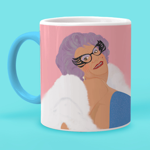 Dame Edna Everage mug featuring artwork by Ryan Hodge illustration. Camp gift idea.  Gay Icon drag Australian comedian, 11oz Ceramic mug.