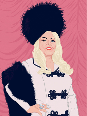 Mae West Artwork by Ryan Hodge illustration.  Fine art giclée print available in sizes A4, A3 & A2, framed or print only.  Gay icon, double entendre, comedian, glamour, sexy. Myra Breckinridge film 