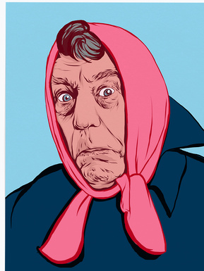 A portrait of Terry Jones dressed as an old lady. He is one of the mighty Monty Pythons comedy group by Ryan Hodge illustration.  Comedian and national treasure. The fine art giclée print is available in sizes A4, A3 & A2, framed or print only.