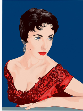Fine art giclée print of Hollywood icon Elizabeth Taylor by Ryan Hodge illustration.  Available in sizes A4, A3 and A2.  Framed and print only versions.  gay icon, HIV AIDS foundation. Glamour. 