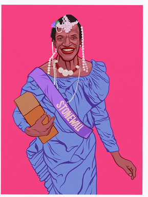 New York Drag Queen Marsha P Johnson illustration by Ryan Hodge.  Gay rights activist and founding member of the Gay Liberation Front and Street Transvestite Action Revolutionaries (S.T.A.R.). Prints and Framed prints available in sizes A4, A3, A2 & A1.