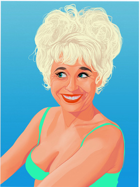 Dame Barbara Windsor from the Carry On films.  A busty blonde with back-combed hair and swim suit. Artwork by Ryan Hodge illustration.  Fine art giclée print available in sizes A4, A3 & A2, framed or print only.  Gay icon