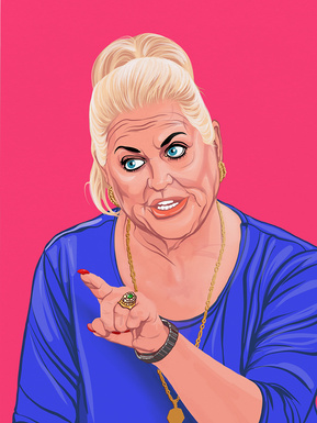 Kim Woodburn - celebrity cleaner and reality tv personality.  Artwork by Ryan Hodge illustration.  Fine art giclée print available in sizes A4, A3 & A2, framed or print only.  Gay icon, This Morning interview.  Don't Start with Me!