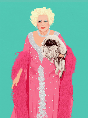 Literary Royalty, Barbara Cartland. She was a prolific author of romantic novels. Fond of dogs and frocks and camp as tits.  Prints and Framed prints available in sizes A4, A3, A2 & A1.