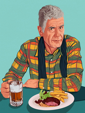 Anthony Bourdain American Celebrity chef Artwork by Ryan Hodge illustration.  Fine art giclée print available in sizes A4, A3 & A2, framed or print only.  Gay icon,