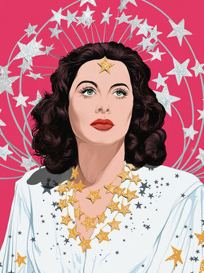 Hedy Lamarr Artwork by Ryan Hodge illustration.  Fine art giclée print available in sizes A4, A3 & A2, framed or print only.  Gay icon, Golden age of Hollywood. inspired by the film Ziegfeld Girl. Created for Imagination Technologies. 