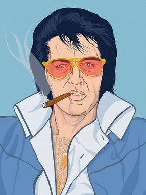 Elvis Presley the king of rock and roll  sunglasses and cigar. Artwork by Ryan Hodge illustration.  Fine art giclée print available in sizes A4, A3 & A2, framed or print only.  sunglasses and cigar. 