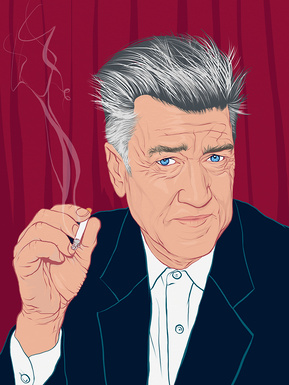 Film and TV  Director David Lynch smoking a cigarette. Artwork by Ryan Hodge illustration.  Fine art giclée print available in sizes A4, A3 & A2, framed or print only.  Gay icon, Alternative culture, cult film. Twin Peaks inspired.