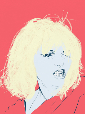 Blondie - Debbie Harry singer live. Artwork by Ryan Hodge illustration.  Fine art giclée print available in sizes A4, A3 & A2, framed or print only.  Gay icon, coral background, blonde hair, blue skin. 