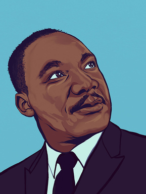 Martin Luther King Jr. Artwork by Ryan Hodge illustration.  Fine art giclée print available in sizes A4, A3 & A2, framed or print only.  Civil rights activist. Black lives matter. 