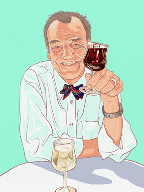 Keith Floyd pioneering TV chef famous for drinking lots of booze.  Artwork by Ryan Hodge illustration.  Fine art giclée print available in sizes A4, A3 & A2, framed or print only.  Wine, beer - alcoholic. 