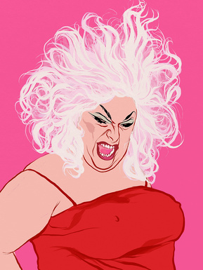 Divine - the most beautiful woman in the world. Drag queen persona of Glenn Milstead. Divine Studio 54 illustration by Ryan Hodge illustration.  Pink background, red dress, big blonde wig.  Various sizes A4, A3, A2. Framed and print only options. gay icon