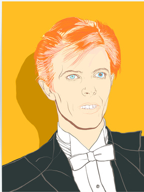 David Bowie as the Thin white duke.   Artwork by Ryan Hodge illustration.  Fine art giclée print available in sizes A4, A3 & A2, framed or print only.  Gay icon, wearing a tuxedo with large lapels and white dickie bow, ginger hair, yellow background. 