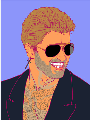 George Michael art print by Ryan Hodge illustration is inspired by his song Faith.  Sporting aviators, leather jacket, sexy stubble and smile.  He is a gay icon.  Framed and Print only options in sizes A4, A3 A2, A1 