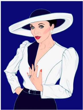 Joan collins as Alexis Carrington Colby in TV show Dynasty. Artwork by Ryan Hodge illustration.  Fine art giclée print available in sizes A4, A3 & A2, framed or print only.  Gay icon, lucky bitches. 