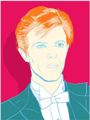 David Bowie as the Thin white duke.   Artwork by Ryan Hodge illustration.  Fine art giclée print available in sizes A4, A3 & A2, framed or print only.  Gay icon, wearing a tuxedo with large lapels and white dickie bow, ginger hair, red background. 