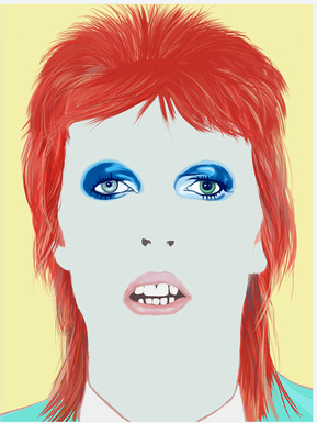 David Bowie as Ziggy Stardust.   Artwork by Ryan Hodge illustration.  Fine art giclée print available in sizes A4, A3 & A2, framed or print only.  Gay icon, wearing a bright blue suit, red hair, blue eye shadow, pale face, yellow background. Hunky Dory. 