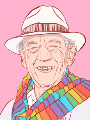 A portrait of Sir Ian McKellen by Ryan Hodge illustration.  Star of stage and screen, master of Shakespeare. The fine art giclée print is available in sizes A4, A3 & A2, framed or print only.