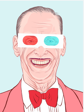 John Waters 'the pope of trash' & Filth Elder Artwork by Ryan Hodge illustration.  Fine art giclée print available in sizes A4, A3 & A2, framed or print only.  3D glasses, dickie bow, pencil moustache. Gay Icon 
