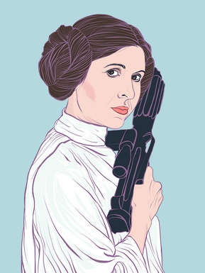 Princess Leia played by Carrie Fisher in the film Star Wars. Artwork by Ryan Hodge illustration.  Fine art giclée print available in sizes A4, A3 & A2, framed or print only.  Gay and Feminist icon