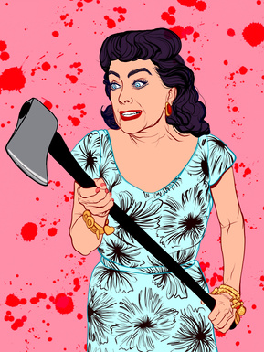Joan Crawford in the film 'Strait Jacket'. Blood splatters, axe murderer. floral dress, manic expression.   Artwork by Ryan Hodge illustration.  Fine art giclée print available in sizes A4, A3 & A2, framed or print only.  Gay icon