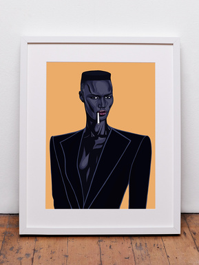 80's  singer, actor and fashion icon Grace Jones by Ryan Hodge illustration.  A framed fine art print available in various sizes and print only options. Yellow background, bright red hair. The white frame with white mount sits on a bare wood floor. 