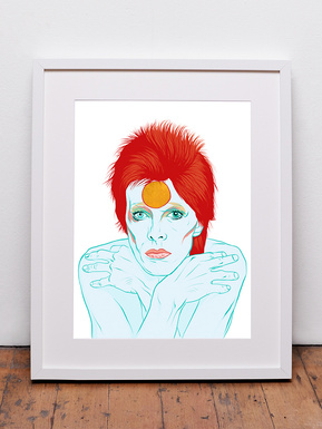 David Bowie's Ziggy Stardust by Ryan Hodge illustration.  A framed fine art print available in various sizes and print only options. Stark White background, bright red hair. The white frame with white mount sits on a bare wood floor. 