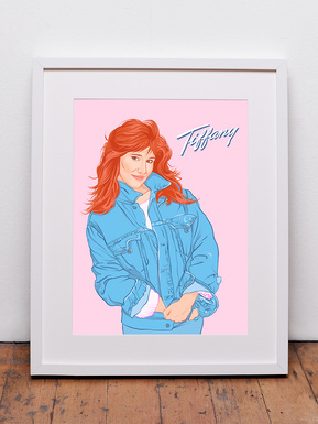 80's Pop singer Tiffany by Ryan Hodge illustration.  A framed fine art print available in various sizes and print only options. cool pink background, 80's denim, bright red hair. The white frame with white mount sits on a bare wood floor. 