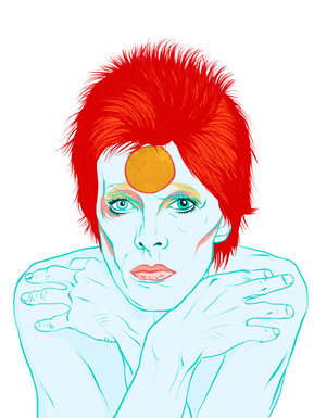 David Bowie as Ziggy Stardust. Artwork by Ryan Hodge illustration.  Fine art giclée print available in sizes A4, A3 & A2, framed or print only.  Gay icon. gold disc, alien, red hair. 