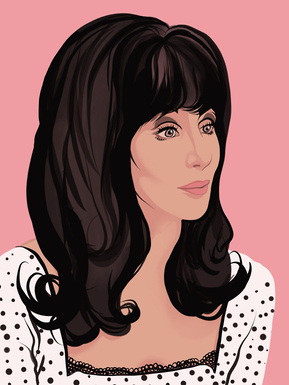Cher in the film Mermaids.50's style with pink background black hair and polka dot dress. Artwork by Ryan Hodge illustration.  Fine art giclée print available in sizes A4, A3 & A2, framed or print only.  Gay icon 