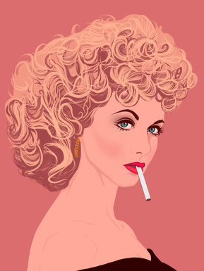 Olivia Newton-John as Sandy Ollson in the hit film Grease. Artwork by Ryan Hodge illustration.  Fine art giclée print available in sizes A4, A3 & A2, framed or print only.  3D glasses, dickie bow, pencil moustache. Gay icon 