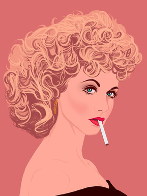 Olivia Newton-John as Sandy Ollson in the hit film Grease. Artwork by Ryan Hodge illustration.  Fine art giclée print available in sizes A4, A3 & A2, framed or print only.  3D glasses, dickie bow, pencil moustache. Gay icon 