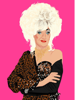 Lily Savage - Lilian Veronica Maeve Savage.  Drag Queen persona of Paul O'Grady.  Artwork by Ryan Hodge illustration.  Fine art giclée print available in sizes A4, A3 & A2, framed or print only.  Gay icon