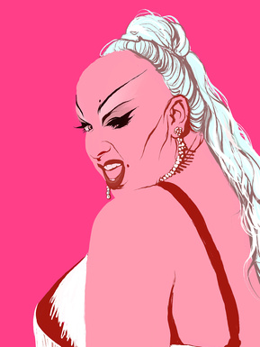 Divine - the most beautiful woman in the world. Drag queen persona of Glenn Milstead, muse of John Waters. Artwork by Ryan Hodge illustration.  Fine art giclée print available in sizes A4, A3 & A2, framed or print only. Pink background. gay icon 