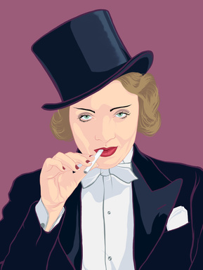 Hollywood actor Marlene Dietrich in the film 'Morocco'. She's smoking a cigarette, wearing a tuxedo hat & suit.  A portrait by Ryan Hodge illustration. A4, A3, A2, A1 sizes framed and print only. 