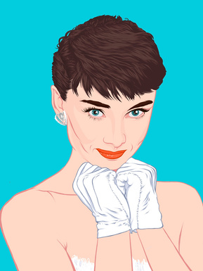 Audrey Hepburn Artwork by Ryan Hodge illustration.  Fine art giclée print available in sizes A4, A3 & A2, framed or print only.  Gay icon,