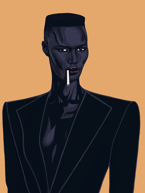 Grace Jones Nightclubbing inspired artwork by Ryan Hodge illustration.  Fine art giclée print available in sizes A4, A3 & A2, framed or print only.  Gay icon, Yellow background, bitch, feisty, smoking a cigarette, baker with shoulder pads. 