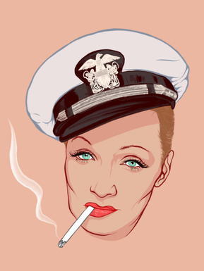 Marlene Dietrich in Seven Sinners dressed as a sailor smoking a cigarette with peach background. Artwork by Ryan Hodge illustration.  Fine art giclée print available in sizes A4, A3 & A2, framed or print only.  Gay icon,