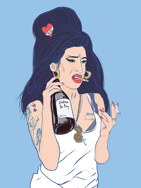 Amy Winehouse singer songwriter.  Artwork by Ryan Hodge illustration.  Fine art giclée print available in sizes A4, A3 & A2, framed or print only.  Gay icon, alcoholic, drug addict, the Priory, Blake
