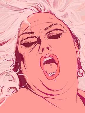 Divine - the most beautiful woman in the world. Drag queen persona of Glenn Milstead. Ecstasy illustration by Ryan Hodge illustration.  Pink background, red dress, big blonde wig.  Various sizes A4, A3, A2. Framed and print only options. gay icon