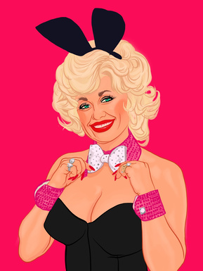Dolly Parton as a Playboy Bunny Girl. Artwork by Ryan Hodge illustration.  Fine art giclée print available in sizes A4, A3 & A2, framed or print only.  Gay icon, country star. 