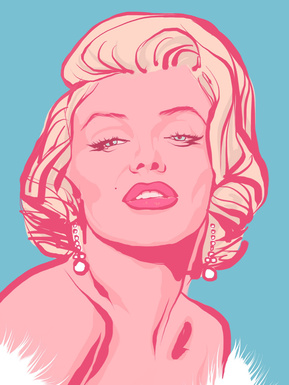 Marilyn Monroe Artwork by Ryan Hodge illustration.  Fine art giclée print available in sizes A4, A3 & A2, framed or print only.  Gay icon.  Pink skin, magenta outline, aqua background, fur shawl. 