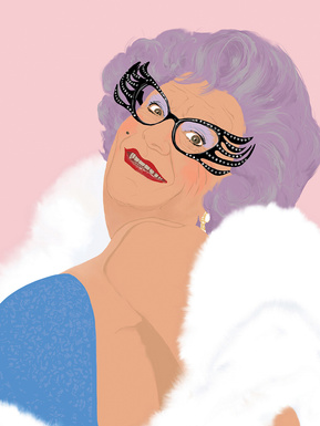 A portrait of Australian mega star, Dame Eda Everage, the alter-ego of comedian Barry Humphries by Ryan Hodge illustration.  The fine art giclée print is available in sizes A4, A3 & A2, framed or print only.