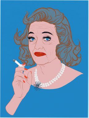Bette Davis eyes - Artwork by Ryan Hodge illustration.  Fine art giclée print available in sizes A4, A3 & A2, framed or print only.  Gay icon. Smoking a cigarette.  pearl necklace. minimal style. 