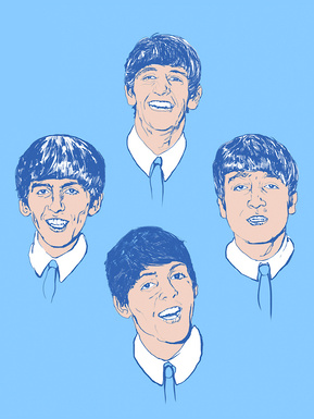 The Beatles - John Lennon, Paul McCartney, George Harrison, Ringo Star.  Artwork by Ryan Hodge illustration.  Fine art giclée print available in sizes A4, A3 & A2, framed or print only.  blue background. 